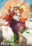  1girl artist_name blonde_hair bow company_name copyright_name curly_hair force_of_will goat grass hat leaf long_hair magic_circle official_art one_eye_closed open_mouth orange_eyes solo sparkle tajima_yukie tree twintails 