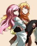  2girls ahoge blonde_hair boots brown_hair carrying fingerless_gloves gloves knee_boots long_hair looking_at_viewer multiple_girls neo_(rwby) pants pink_hair princess_carry rwby sketch tl yang_xiao_long 