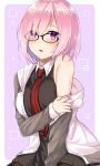  1girl black_dress black_legwear blush dress eyes_visible_through_hair fate/grand_order fate_(series) glasses hair_over_one_eye highres jacket kayano_(hizukis_) looking_at_viewer necktie off_shoulder open_mouth pantyhose purple_hair red_necktie shielder_(fate/grand_order) short_hair sitting solo two-tone_background violet_eyes 