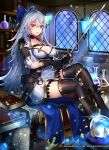  1girl blue_eyes book boots bottle bow breasts cleavage company_name crystal_ball gloves grey_hair gyakushuu_no_fantasica heterochromia katagiri_hachigou lamp long_hair official_art open_mouth potion red_eyes sitting solo sword thigh-highs weapon window 