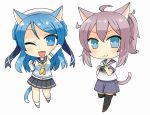  2girls :3 :d ;3 ;d ahoge animal_ears aoba_(kantai_collection) black_legwear blue_eyes blue_hair camera cat_ears cat_tail chibi commentary_request double_bun elbow_gloves gloves highres holding kantai_collection kemonomimi_mode long_hair looking_at_viewer multiple_girls one_eye_closed open_mouth pleated_skirt ponytail purple_hair school_uniform serafuku shorts simple_background skirt smile soba_(sobaya1938) tail thigh-highs urakaze_(kantai_collection) waving white_background white_gloves zettai_ryouiki 