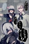 1girl 2boys adam_(nier_automata) blindfold blood blush cellphone commentary_request crossdressinging embarrassed female_pervert formal glasses grey_hair hand_to_own_mouth headband highres looking_at_viewer male_focus multiple_boys nier_(series) nier_automata nosebleed pervert phone school_uniform serafuku short_hair suit translated walzrj white_hair yorha_no._2_type_b yorha_no._9_type_s 