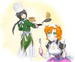  1boy 1girl apron black_hair blue_eyes chef_hat commentary_request drooling flipping_food food fork frying_pan hat iesupa knife lie_ren nora_valkyrie orange_hair pancake rwby smile 