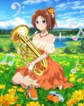  1girl :d alternate_costume bangs bare_legs bare_shoulders barefoot beamed_quavers blue_sky blurry blush bow breasts brown_hair building cleavage closed_mouth clouds collarbone crotchet depth_of_field dress euphonium eyebrows female fence field flower flower_field flower_ornament forehead forest formal full_body glass_slipper grass hair_flower hair_ornament hair_ribbon hair_tie hibike!_euphonium high_heels high_heels_removed high_resolution highres holding_instrument house instrument jewelry kyoto_animation lake legs looking_at_viewer medium_breasts mountain musical_note nakagawa_natsuki nature neck necklace off-shoulder_dress official_art open_mouth orange_dress orange_flower outdoors ponytail ribbon scenery seiza shoes shoes_removed short_hair sitting sky smile solo swept_bangs tied_hair treble_clef violet_eyes wrist_cuffs wrist_ribbon yellow_flower 