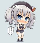  1girl alternate_costume beret blue_eyes blush chibi curly_hair hat kantai_collection kashima_(kantai_collection) long_hair looking_at_viewer school_swimsuit silver_hair smile soba_(sobaya1938) solo swimsuit translated twintails 