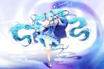  1girl 2017 ;d absurdly_long_hair absurdres aqua_hair arm_up armpit_peek bangs bare_shoulders bloomers blue_dress blue_eyes blue_gloves blue_ribbon blue_shoes blush cape character_name choker collarbone constellation_print contrapposto detached_sleeves dress eyebrows_visible_through_hair fingerless_gloves floating_hair frilled_dress frills full_body gloves glowing gradient gradient_background hair_ornament hair_ribbon hatsune_miku head_tilt highres holding holding_wand leg_garter lepoule_(kmjh90) long_hair looking_at_viewer magic off-shoulder_dress off_shoulder one_eye_closed open_mouth outstretched_arm outstretched_hand print_cape print_dress ribbon ribbon_choker shadow shiny shiny_hair shiny_skin shoes short_dress sidelocks sleeveless sleeveless_dress smile solo staff_(music) standing star star_(sky) star_hair_ornament star_print starry_sky_print striped striped_ribbon treble_clef twintails underwear very_long_hair vocaloid wand yuki_miku 