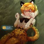  animal_ears bow cat_ears cat_tail commentary_request elbow_gloves fur_collar gloves green_eyes highres jaguar_(kemono_friends) jaguar_ears jaguar_print kemono_friends looking_at_viewer mityubi multicolored_hair paw_pose short_hair skirt tail thigh-highs 