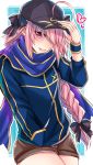  1boy blush cosplay fate/apocrypha fate/grand_order fate_(series) hat heroine_x heroine_x_(cosplay) highres looking_at_viewer male_focus pink_hair ponytail rider_of_black saber shisei_(kyuushoku_banchou) simple_background smile solo trap violet_eyes 
