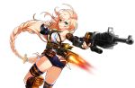  1girl absurdres asymmetrical_legwear bare_shoulders blonde_hair blue_eyes braid elsword freyja_(elsword) from_behind gun hair_between_eyes hair_ornament highres holding holding_gun holding_weapon long_hair looking_at_viewer looking_back low-tied_long_hair official_art one_leg_raised ress rifle rose_(elsword) short_shorts shorts solo thigh-highs thigh_strap transparent_background very_long_hair weapon 