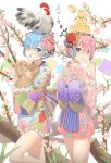  2017 5ya bird blue_eyes blue_hair carrying cherry_blossoms chick chicken commentary_request egg finger_to_mouth flower hair_flower hair_ornament hair_over_one_eye highres index_finger_raised japanese_clothes kimono looking_at_viewer maid_headdress obi pink_eyes pink_hair ram_(re:zero) re:zero_kara_hajimeru_isekai_seikatsu rem_(re:zero) rooster rose sash short_kimono smile tree_branch year_of_the_rooster 
