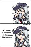  1girl 2koma anchor artist_name blue_eyes closed_eyes comic cup english flat_cap hat hibiki_(kantai_collection) highres holding holding_cup kantai_collection long_hair necktie raythalosm red_necktie school_uniform silver_hair sipping smile solo twitter_username 