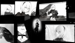  1boy 1girl blindfold blush breasts couple dress gloves greyscale headband highres jewelry leotard looking_at_viewer memory mole monochrome necklace nier_(series) nier_automata open_mouth short_hair smile sword thigh-highs walzrj weapon white_hair yorha_no._2_type_b yorha_no._9_type_s 