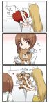  2girls 3koma animal_ears bandage bandaid bangs blonde_hair blouse blush boko_(girls_und_panzer) brown_eyes brown_hair cast cat_ears comic commentary fake_animal_ears from_behind girls_und_panzer heart holding kakizaki_(chou_neji) long_hair long_sleeves looking_at_another multiple_girls nekonyaa nishizumi_miho ooarai_school_uniform parted_lips punching punching_bag sadism school_uniform serafuku shirt short_hair short_sleeves standing stuffed_animal stuffed_toy t-shirt teddy_bear translated white_blouse 