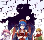  2boys axe beret blue_eyes blue_hair book brown_hair father_and_daughter fire_emblem fire_emblem:_fuuin_no_tsurugi fire_emblem:_rekka_no_ken hat hector_(fire_emblem) holding holding_weapon knife lilina long_hair matthew multiple_boys serra shadow simple_background smile weapon 