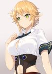  1girl bangs blonde_hair blush breasts cleavage commentary_request cropped_shirt elf eyebrows_visible_through_hair highres large_breasts navel necktie original pointy_ears shirt short_hair simple_background solo sweat takunomi unbuttoned upper_body white_shirt 