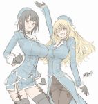  :d artist_name atago_(kantai_collection) blonde_hair breasts dated garter_straps kantai_collection large_breasts long_hair one_eye_closed open_mouth pantyhose short_hair sketch smile takao_(kantai_collection) thigh-highs unbalance waving 
