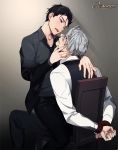  2boys artist_name bdsm black_hair blue_eyes blush bound bound_wrists brown_eyes chair eye_contact gearous hair_slicked_back hand_on_another&#039;s_face jewelry katsuki_yuuri looking_at_another male_focus multiple_boys necktie open_mouth ring silver_hair sitting smile straddling viktor_nikiforov yaoi yuri!!!_on_ice 