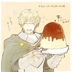  1boy armor banira_(ri0115ka) blonde_hair blush cape closed_eyes fate/extra fate/grand_order fate_(series) food gawain_(fate/extra) male_focus short_hair simple_background solo translation_request 