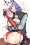  1boy 1girl ass batten_(yukibara_7) blue_hair blush breasts cleavage drunk_(granblue_fantasy) earrings granblue_fantasy heart horns huge_breasts jewelry open_mouth pink_hair plump pointy_ears short_hair smile strum_(granblue_fantasy) thick_thighs thighs translated wide_hips 