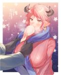 1girl angry animal_ears baozi batten_(yukibara_7) blush breasts brown_eyes cleavage cow_ears cow_horns earrings food granblue_fantasy horns huge_breasts jewelry pink_hair pointy_ears pout ribbed_sweater scarf short_hair solo_focus star strum_(granblue_fantasy) sweater translated 