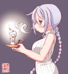  1girl blowing blue_eyes braid candle commentary_request dated gradient gradient_background highres kanon_(kurogane_knights) kantai_collection long_hair silver_hair simple_background single_braid sketch solo translation_request umikaze_(kantai_collection) 