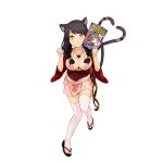  1girl animal_ears bell braid breasts cat_ears cat_tail cleavage clenched_hand famitsu front_braid full_body highres holding_magazine long_hair looking_at_viewer magazine nekomata_(youkai_hyakki-tan!) obi official_art sandals sash solo tail tattoo toeless_legwear twintails youkai_hyakki-tan! 