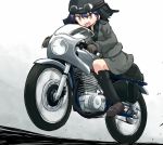  1girl bangs black_boots black_gloves black_hair black_shirt boots braid brown_eyes commentary dress_shirt full_body girls_und_panzer gloves goggles goggles_on_headwear grey_jacket grey_skirt ground_vehicle helmet kakizaki_(chou_neji) long_sleeves military military_uniform motor_vehicle motorcycle pencil_skirt pepperoni_(girls_und_panzer) riding shirt short_hair side_braid sitting skirt solo uniform vehicle_request 