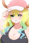  bare_shoulders baseball_cap blonde_hair breasts cleavage dragon_girl dragon_horns gradient_hair hat heterochromia highres horns kobayashi-san_chi_no_maidragon large_breasts long_hair multicolored_hair pikomarie quetzalcoatl_(maidragon) solo tank_top 