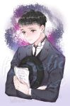  1boy black_eyes black_hair copyright_name credence_barebone fantastic_beasts_and_where_to_find_them hat hat_removed headwear_removed male_focus necktie solo upper_body zigi 