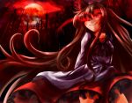  1girl animal_ears brooch brown_hair dress full_moon glowing glowing_eyes hair_over_one_eye imaizumi_kagerou jewelry long_hair long_sleeves looking_away matsufox moon red_eyes solo tail touhou very_long_hair wide_sleeves wolf_ears 