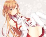  1girl asuna_(sao) breastplate brown_eyes brown_hair detached_sleeves finger_to_mouth highres index_finger_raised kanadetsuki_shion long_hair long_legs solo sword_art_online thigh-highs white_legwear 