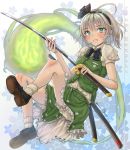  1girl :3 aqua_eyes artist_name bangs black_bow black_ribbon bloomers blush bobby_socks boots bow character_name floral_print frilled_skirt frills green_skirt grey_hair hairband highres holding holding_sword holding_weapon katana kneepits konpaku_youmu konpaku_youmu_(ghost) puffy_short_sleeves puffy_sleeves ribbon sa-mu scabbard sheath shirt short_sleeves skirt socks solo sword touhou underwear vest weapon white_legwear white_shirt 