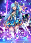  1girl blue_hair bow breasts cleavage company_name covered_navel gloves gyakushuu_no_fantasica hair_ornament katagiri_hachigou long_hair microphone official_art one_eye_closed open_mouth side_ponytail solo sparkle star star_hair_ornament teeth thigh-highs yellow_eyes 