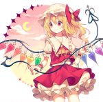  1girl ascot blonde_hair clouds cowboy_shot crescent_moon flandre_scarlet hat hat_ribbon heart laevatein long_hair mimureem mob_cap moon nail_polish petticoat puffy_short_sleeves puffy_sleeves red_eyes red_ribbon red_skirt ribbon short_sleeves skirt skirt_set smile solo touhou vest wings wrist_cuffs 