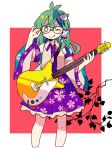 1girl :q black-framed_eyewear blue_skirt daizu_(melon-lemon) detached_sleeves electric_guitar frog_hair_ornament glasses green_eyes green_hair guitar hair_ornament highres instrument japanese_clothes kochiya_sanae long_hair nontraditional_miko one_eye_closed pleated_skirt skirt smile solo tongue tongue_out touhou wide_sleeves 