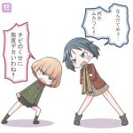  2girls adachi_fumio333 angry bandage_on_face blonde_hair blue_eyes boots brave_witches girls_und_panzer green_jacket grey_hair jacket kanno_naoe katyusha multiple_girls red_shirt scarf shirt short_hair skirt speech_bubble strike_witches translated world_witches_series 