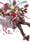  1boy alpha_transparency bell belt boots brown_eyes brown_gloves brown_hair confetti full_body fur-trimmed_jacket fur_trim gift gloves gran_(granblue_fantasy) granblue_fantasy jacket looking_at_viewer male_focus map minaba_hideo official_art one_eye_closed outstretched_arm sack santa_costume short_hair smile star suspenders transparent_background 