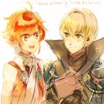  1boy 1girl blonde_hair english fire_emblem fire_emblem_if hinoka_(fire_emblem_if) holding leon_(fire_emblem_if) pauldrons redhead simple_background smile white_background 