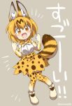  1girl animal_ears bow bowtie cat_ears cat_tail eromame gloves grey_background kemono_friends open_mouth serval_(kemono_friends) serval_ears serval_print serval_tail signature tail yellow_eyes 