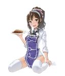  1girl absurdres alternate_costume alternate_hairstyle apron ashigara_(kantai_collection) bottomless brown_eyes brown_hair dish eyebrows_visible_through_hair fang frilled_apron frills full_body hair_up hairband highres kangoku_kou kantai_collection katsudon_(food) long_hair long_sleeves looking_at_viewer no_shoes open_mouth ponytail shirt simple_background sitting sleeves_rolled_up solo thigh-highs wariza white_background white_legwear white_shirt 