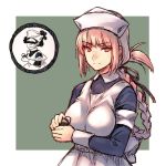  1girl apron braid dress fate/grand_order fate_(series) florence_nightingale_(fate/grand_order) hat long_hair looking_at_viewer nurse nurse_cap pink_hair red_eyes simple_background smile translation_request wanko_(takohati8) 