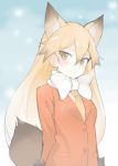  1girl animal_ears blonde_hair blush buttons ezo_red_fox_(kemono_friends) fox_ears fox_tail gradient_hair hair_between_eyes jacket kemono_friends long_hair looking_at_viewer mobu multicolored_hair muted_color neck_ribbon necktie orange_jacket ribbon snowing solo standing tail tsurime upper_body very_long_hair white_hair white_ribbon yellow_eyes yellow_necktie 