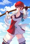  1girl ahoge arm_guards artist_name blue_sky boots closed_mouth clouds cowboy_shot day fire_emblem fire_emblem_if garter_straps gloves hinoka_(fire_emblem_if) holding holding_staff looking_at_viewer nadezhda_korzun outdoors red_eyes red_gloves redhead serious short_hair shoulder_blades sidelocks signature sky solo spaulders staff tassel thigh-highs thigh_boots thighs vambraces watermark web_address 