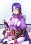  2girls @_@ blush bodysuit breasts covered_navel drunk fate/grand_order fate_(series) fingerless_gloves gloves horns japanese_clothes large_breasts long_hair looking_at_viewer mimikaki minamoto_no_raikou_(fate/grand_order) multiple_girls notori_d oni open_mouth purple_hair short_hair shuten_douji_(fate/grand_order) sitting smile solo_focus thighs very_long_hair violet_eyes 