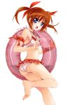  1girl :d arm_ribbon ass barefoot bikini bikini_skirt blue_eyes bow breasts brown_hair extraction hair_bow hair_ribbon innertube long_hair looking_at_viewer lyrical_nanoha one_leg_raised open_mouth pink_bikini red_ribbon ribbon simple_background small_breasts smile solo standing swimsuit takamachi_nanoha transparent transparent_background twintails 