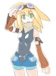  1girl aero blonde_hair bodysuit breasts cosplay detached_sleeves goggles goggles_on_head green_eyes long_hair muramasa-sushi open_mouth rockman rockman_dash rockman_dash_3 roll_caskett shorts smile solo 