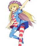  1girl american_flag_dress american_flag_legwear blonde_hair clownpiece dress fairy_wings hasebe_yuusaku hat jester_cap long_hair looking_at_viewer neck_ruff pantyhose polka_dot short_dress short_sleeves simple_background smile solo star star_print striped torch touhou very_long_hair violet_eyes white_background wings 