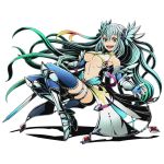  1girl aqua_hair armor armored_boots blue_gloves blue_legwear boots breasts cleavage dione_(road_to_dragons) divine_gate fingerless_gloves floating_hair full_body gloves green_hair hair_between_eyes holding holding_sword holding_weapon long_hair medium_breasts midriff multicolored_hair navel official_art open_mouth orange_eyes road_to_dragons solo sword thigh-highs thigh_strap transparent_background two-tone_hair ucmm under_boob very_long_hair weapon 