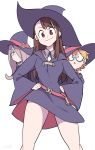 :o bangs blunt_bangs blush breasts brown_hair closed_mouth collared_shirt dress glasses hair_over_one_eye half-closed_eyes hand_on_hip hat kagari_atsuko legs little_witch_academia long_hair long_sleeves looking_at_viewer lotte_yanson open_mouth pink_hair red_eyes shirt short_hair simple_background smile standing sucy_manbavaran white_background wide_sleeves wind wind_lift witch witch_hat yuuki_hb 