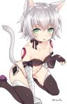  1girl adapted_costume animal_ears arm_support artist_name assassin_of_black bandaged_arm black_gloves black_legwear black_panties boots breasts bustier cat_ears cat_tail cleavage eyebrows_visible_through_hair fang fate/apocrypha fate_(series) fingerless_gloves gloves green_eyes leaning_forward nail_polish navel open_mouth panties paw_pose scar shijima_(sjmr02) short_hair silver_hair simple_background single_glove sitting small_breasts solo string_panties tail thigh-highs thigh_boots twitter_username underwear white_background 